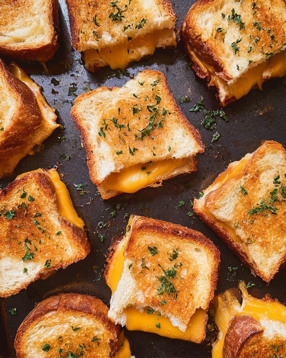 Several small grilled cheese sandwiches are placed closely on a dark baking tray with a slightly worn texture. Each sandwich has two thick layers of golden brown toasted bread with scattered green herbs on top. Between the bread layers, there is a visible layer of melted bright orange cheese oozing out a little, showing its gooey texture. The sandwiches vary slightly in shape but are mostly rectangular with soft white bread edges. Some cheese edges are browned and crispy, adding extra texture to the sandwiches. photo taken with an iphone --ar 4:5 --v 7