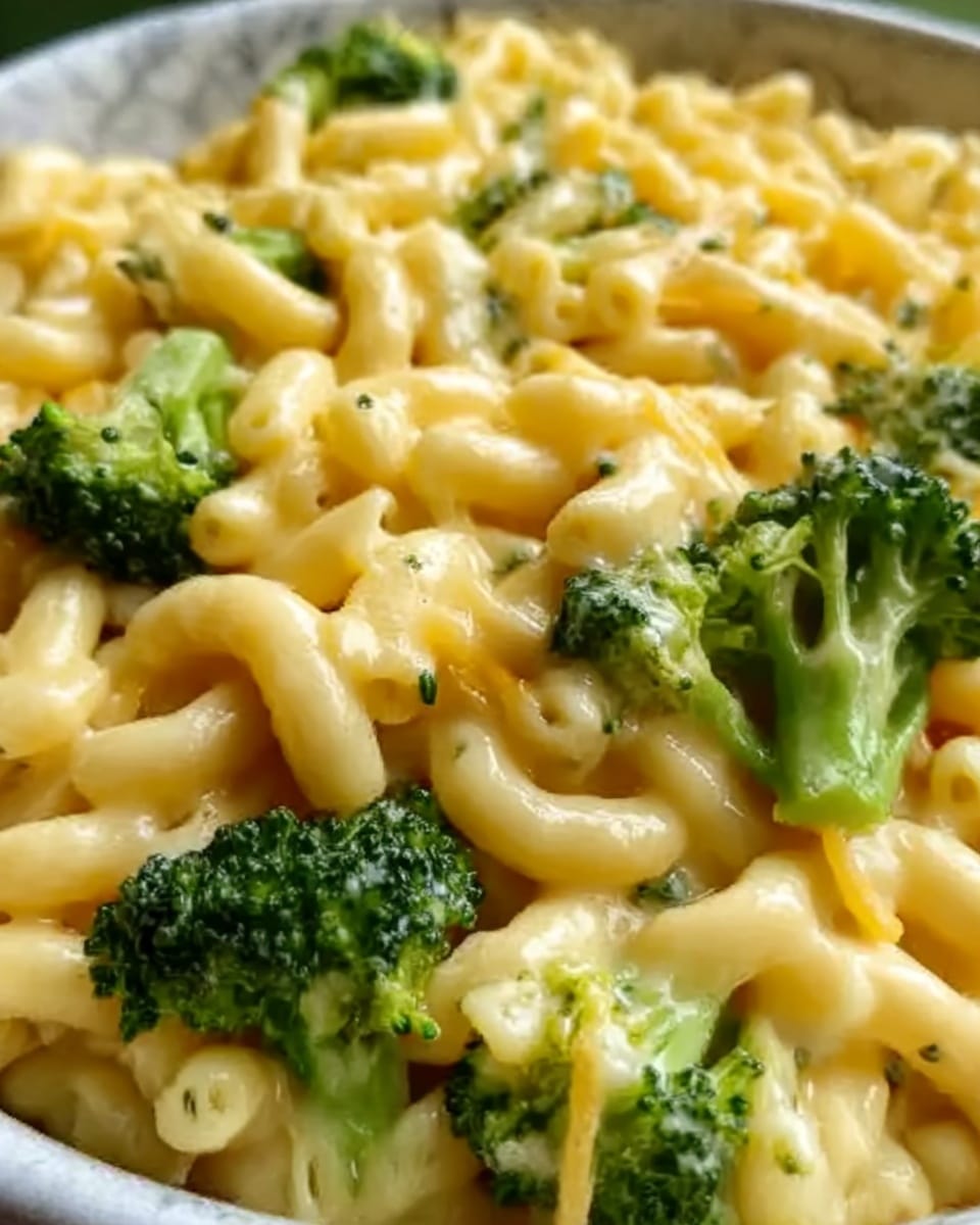 The image shows a close-up of macaroni and cheese mixed with bright green broccoli pieces. The dish has small, curved pasta coated in a smooth, creamy, yellow cheese sauce. The broccoli florets are scattered on top and inside, showing a rough texture that contrasts with the soft pasta. A spoon is partially visible, lifting the cheesy macaroni and broccoli, with the background of a white marbled surface. photo taken with an iphone --ar 4:5 --v 7