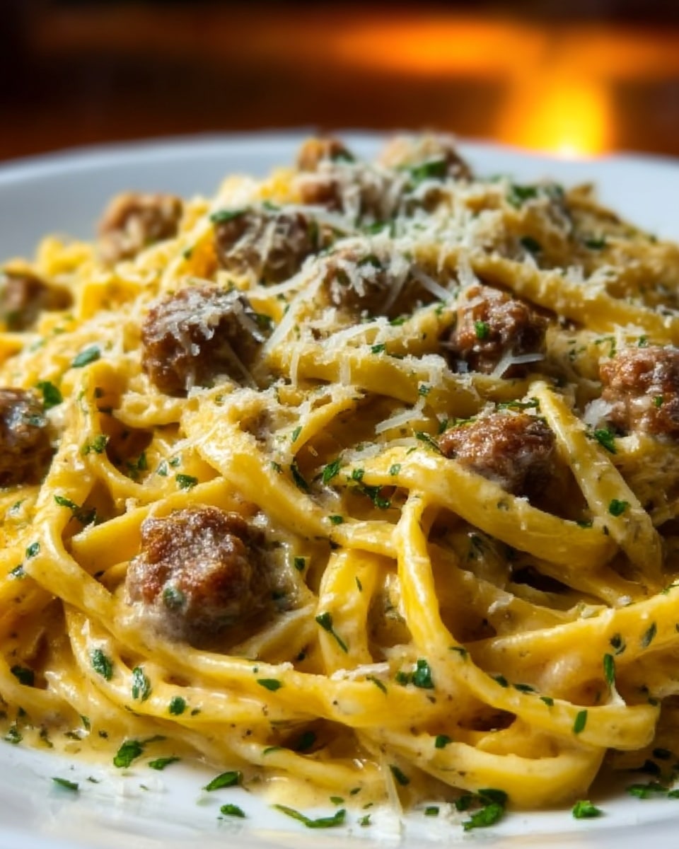The image shows a close-up of a white plate filled with creamy fettuccine pasta layered with chunky pieces of browned sausage mixed throughout. The pasta is coated evenly with a rich, golden-yellow sauce with a slightly glossy texture. On top, there is a generous sprinkling of finely grated white cheese and small green herb pieces scattered across the dish, adding a fresh color contrast. The background features a white marbled surface with a warm, soft light giving the food a cozy feel. photo taken with an iphone --ar 4:5 --v 7