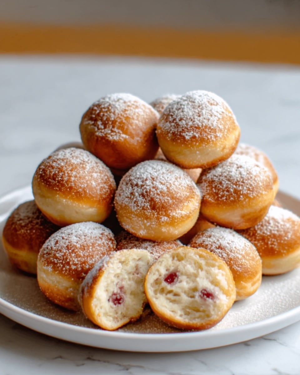 A white plate filled with a pile of small round dough balls, golden brown on the outside with a light dusting of powdered sugar on top. One dough ball is cut open, revealing a soft, fluffy inside with bits of red fruit or berries. The plate sits on a surface with a white marbled texture. The overall look is warm and inviting, showing the contrast between the golden brown crust and the light interior. photo taken with an iphone --ar 4:5 --v 7