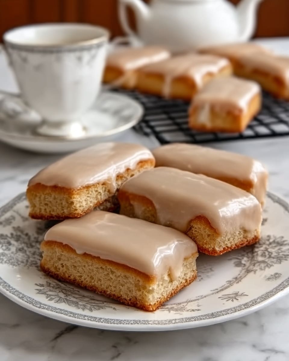 The image shows a white plate with six rectangular cake slices, each topped with a smooth, light brown glaze layer that has a shiny texture. The cake underneath the glaze appears golden brown, with a soft and moist look, slightly thicker than the glaze. The plate sits on a wooden surface, with a white marbled texture background. Behind the plate, there is a white cup and teapot, adding a cozy feel to the scene. Photo taken with an iphone --ar 4:5 --v 7