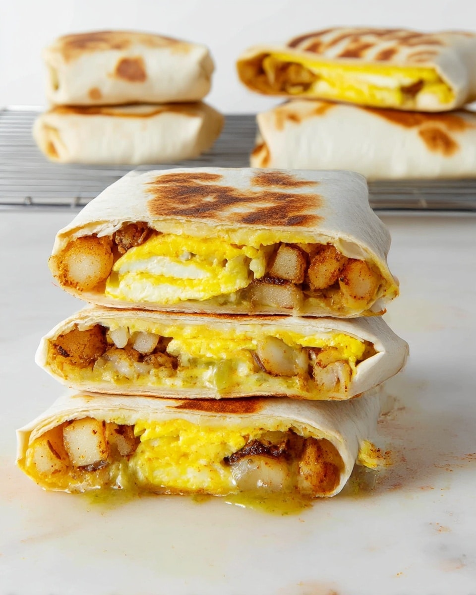 A stack of four folded breakfast burritos is placed on a white marbled surface. Each burrito is cut in half to show three layers inside: a soft white tortilla outer layer, a bright yellow folded egg layer in the middle, and a bottom layer with browned, crispy potato chunks mixed with melted, light green salsa dripping slightly out. The burritos have a slightly toasted look with golden-brown spots on the tortillas. In the background, whole folded burritos rest on a metal rack, and one folded burrito is placed on the white marbled surface in the foreground. photo taken with an iphone --ar 4:5 --v 7