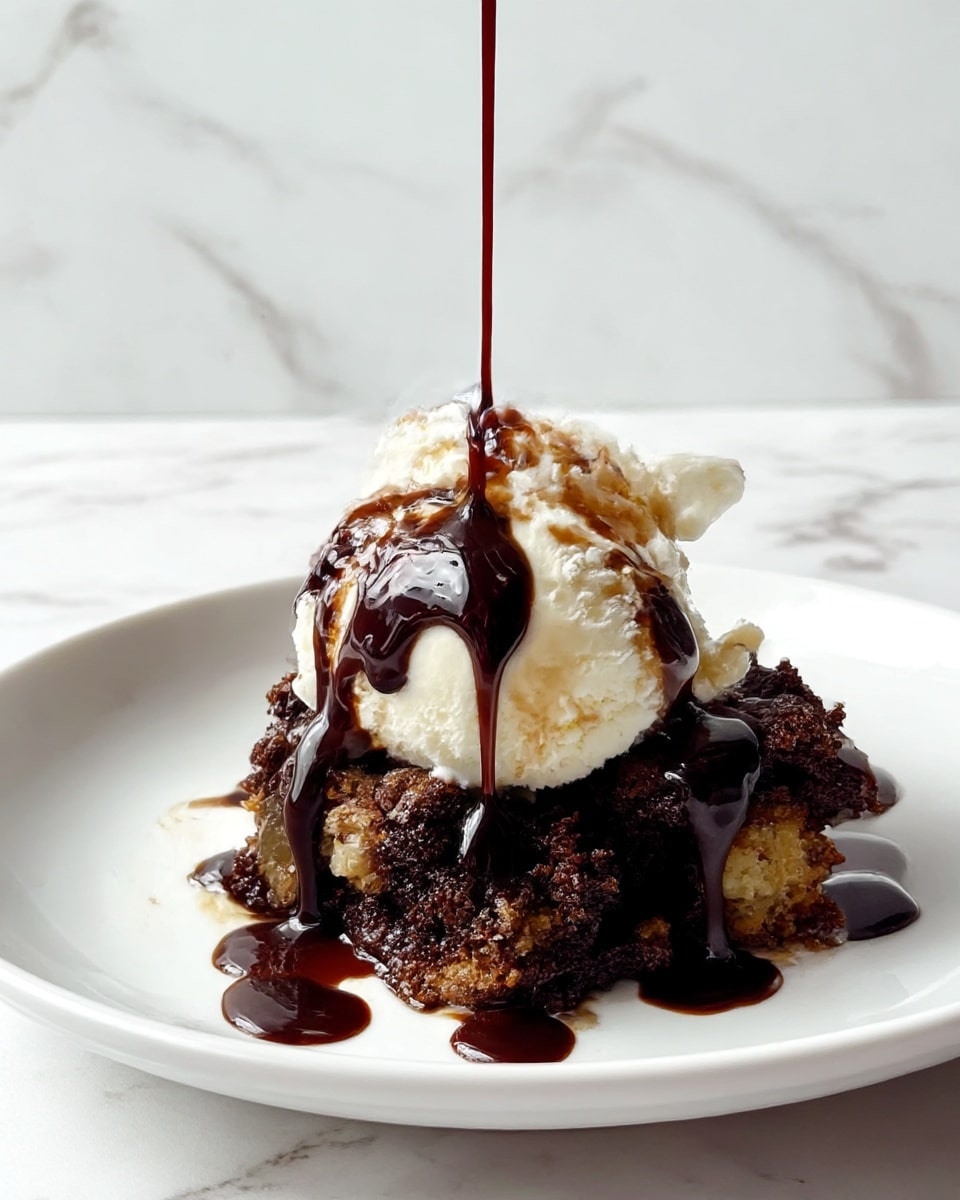 A white plate holds a dessert with two main layers. At the bottom, there are chunks of dark brown, crumbly chocolate cake mixed with some lighter brown hints. On top sits a smooth, round scoop of creamy white vanilla ice cream. Dark, glossy chocolate sauce is being poured over the ice cream, running down its sides and pooling slightly on the cake beneath. The plate is set on a white marbled surface. photo taken with an iphone --ar 4:5 --v 7