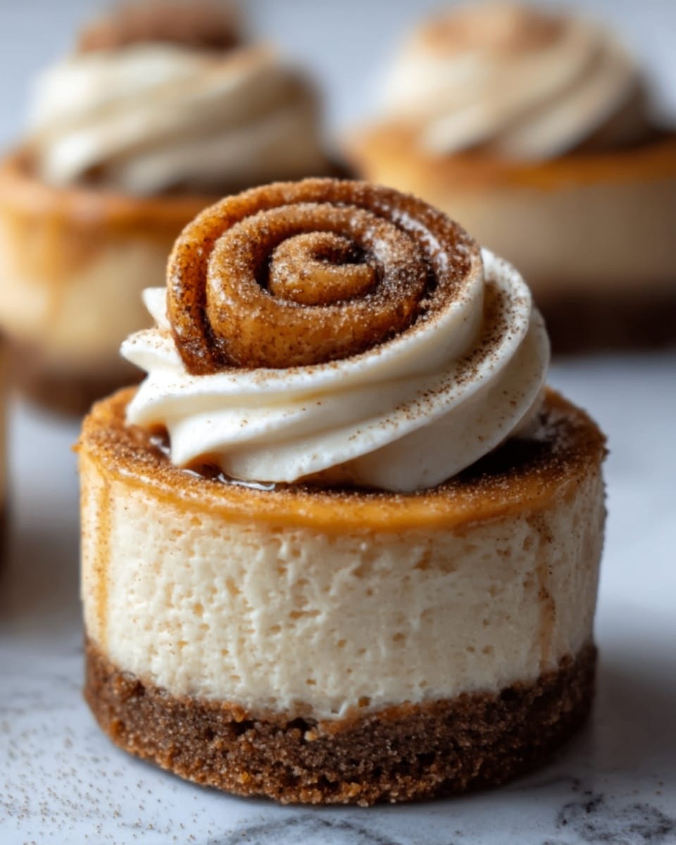 The image shows a small dessert with three visible layers. The bottom layer is a dark brown crust that looks crumbly and firm. The middle layer is a smooth, creamy light beige cheesecake. On top, there is a swirl of cinnamon roll dough with a warm brown color and a slightly shiny texture, giving it a soft and gooey look. Around the cinnamon roll, there is a thick white cream frosting piped in a circular motion, adding a fluffy texture. The dessert sits on a surface with a white marbled texture, and more of the same desserts can be seen blurred in the background. Photo taken with an iphone --ar 4:5 --v 7