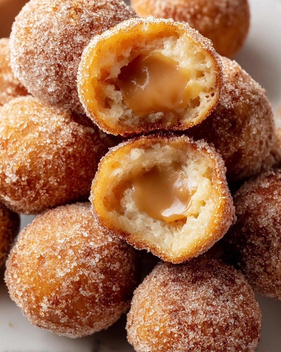 A close-up view of several small round dough balls covered with a layer of sugar and cinnamon crystals. One dough ball is cut open at the top showing a thick, shiny caramel filling inside. The surface of the dough balls looks crispy and golden brown with a slightly rough texture from the sugar coating. They are stacked closely together with a blurred background of more dough balls and a soft focus on a white marbled surface. photo taken with an iphone --ar 4:5 --v 7