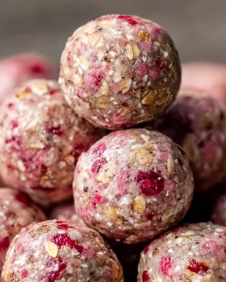 The image shows a close-up of a pile of round, bite-sized energy balls. Each ball has a rough texture made of oats and bits of pinkish-red fruit, giving them a speckled look with a mix of soft pink and beige colors. The oats create a slightly flaky outer layer, while the inside looks dense and moist. The balls are stacked closely together, filling the frame against a white marbled background, highlighting their natural, homemade appearance. photo taken with an iphone --ar 4:5 --v 7