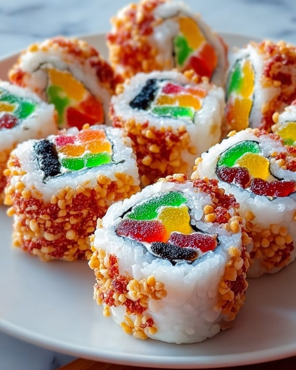 The image shows several pieces of a dessert sushi roll arranged on a white plate. Each piece has three visible layers: the outer layer is white and covered with small, crunchy, golden brown puffed cereal clusters, with scattered bright green and yellow jelly-like spots. Inside, a thin black seaweed-like ring encloses a creamy white layer, which surrounds two colorful jelly centers — one red and one yellow or orange. The whole arrangement sits on a smooth white marbled surface. photo taken with an iphone --ar 4:5 --v 7