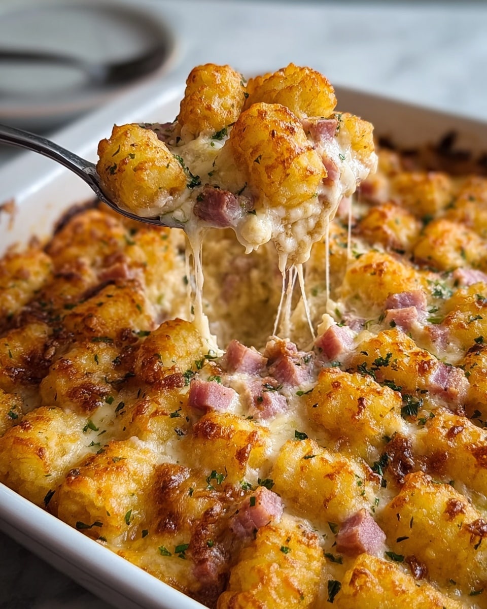 The image shows a white baking dish filled with a casserole topped with a layer of golden brown, crispy tater tots arranged evenly on top. Underneath, there is a thick, creamy layer with melted cheese that stretches as a spoon lifts a serving. Small cubes of pink ham are mixed throughout the creamy cheese layer, and a sprinkling of green herbs is scattered on the surface, adding a touch of color. The dish sits on a white marbled surface, and the close-up view highlights the bubbly, perfectly baked texture of the casserole. photo taken with an iphone --ar 4:5 --v 7