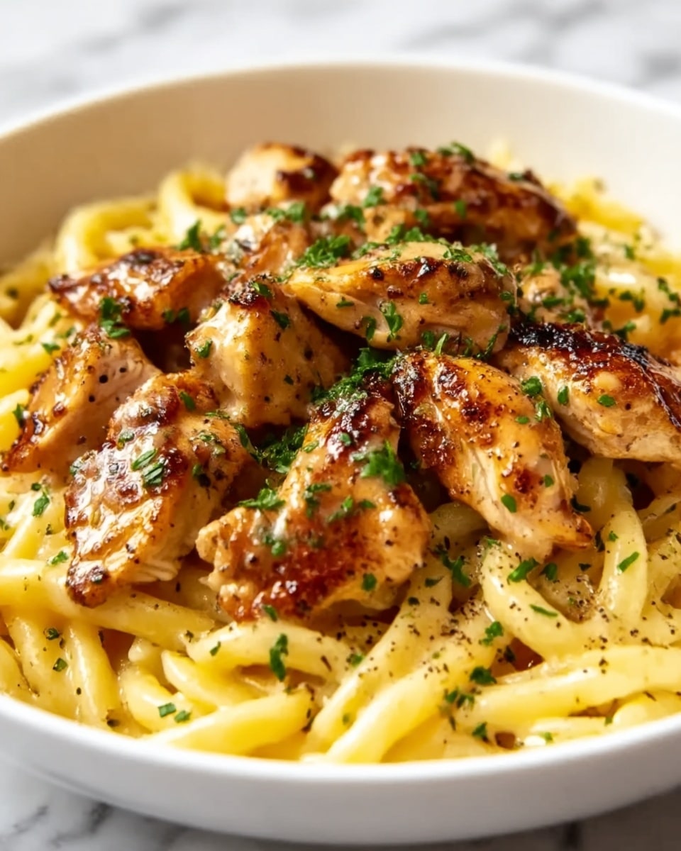 A white bowl filled with cooked penne pasta at the bottom layer, creamy sauce lightly coating the pasta giving it a shiny pale yellow color. On top, there are golden brown grilled chicken pieces with a slightly crispy texture, scattered evenly over the pasta. Small bits of fresh green herbs are sprinkled over the chicken and pasta, adding a touch of color. The dish looks warm and inviting, with a rich, creamy, and slightly textured surface. photo taken with an iphone --ar 4:5 --v 7