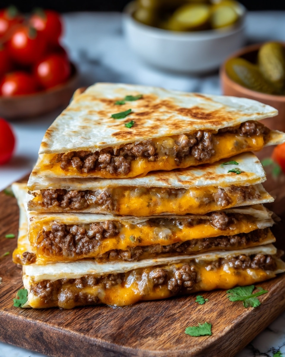 The image shows a stack of four quesadilla slices on a dark wooden board, each slice layered with melted orange cheddar cheese and cooked ground beef. The tortillas are lightly browned and crispy, with bits of fresh green cilantro on top and around the quesadillas. In the background, there are out-of-focus cherry tomatoes and a small white bowl with pickles on a white marbled surface. Photo taken with an iphone --ar 4:5 --v 7