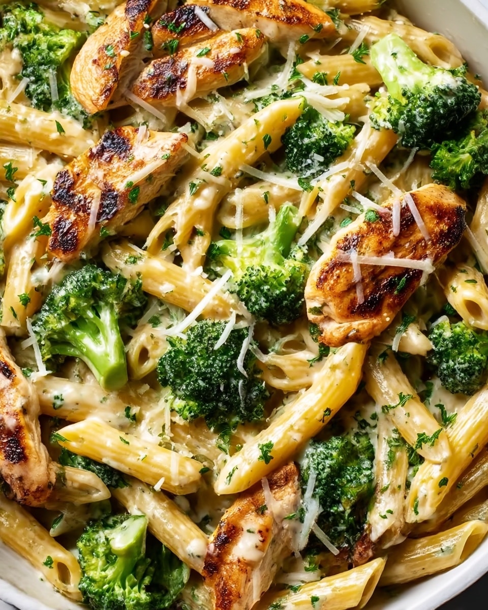 The image shows a close-up of a creamy pasta dish with three main layers. The bottom layer is short, tube-shaped penne pasta coated in a smooth, light cream sauce. The middle layer consists of bright green broccoli florets, adding a fresh pop of color and texture. The top layer features grilled chicken pieces with clear char marks, giving a slightly crispy texture and golden-brown color. Small shreds of white cheese and chopped fresh green herbs are sprinkled over the whole dish. The dish is presented on a white plate set on a white marbled surface. photo taken with an iphone --ar 4:5 --v 7