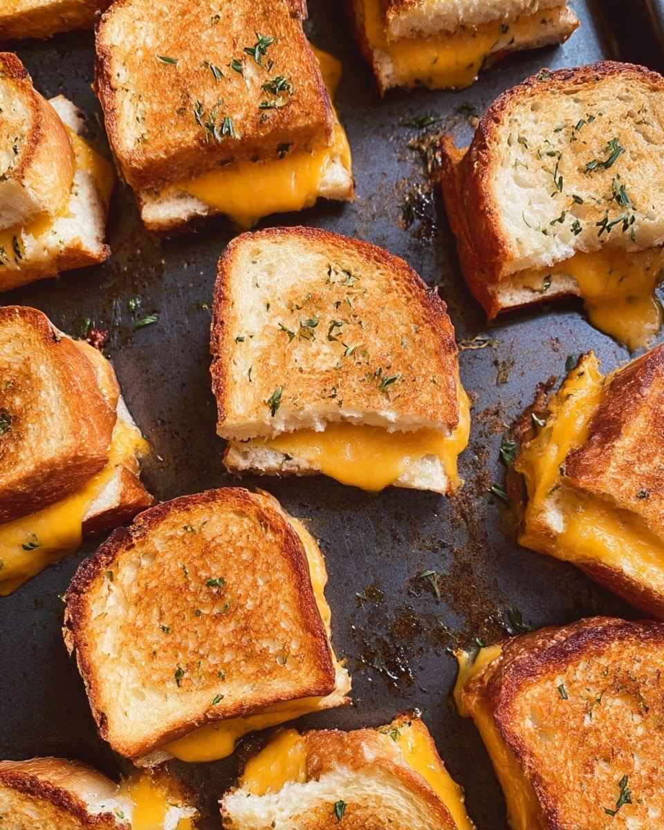 Several small grilled cheese sandwiches are arranged on a dark baking tray. Each sandwich has two square layers of golden brown toasted bread with melted bright orange cheese slightly oozing out from between the slices. The top layer of bread is sprinkled with small green herb bits, adding texture and color contrast. The bread looks crispy and soft at the same time, with some sandwiches showing cheese browned and crisped on the edges. The sandwiches are placed randomly, filling the tray and giving a cozy homemade feel. photo taken with an iphone --ar 4:5 --v 7