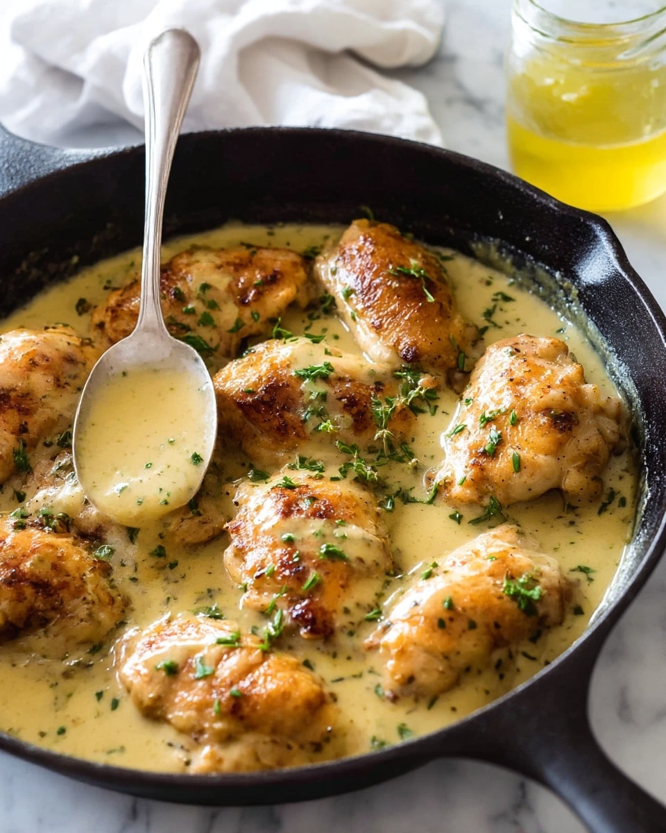 A black skillet filled with several pieces of golden-brown cooked chicken covered in a thick, creamy, light brown sauce with visible herbs. On top, chopped green parsley is scattered, adding a fresh touch. A silver spoon rests in the sauce at the back of the skillet. The background shows a blurred white cloth and a glass jar with honey, all placed on a white marbled surface. photo taken with an iphone --ar 4:5 --v 7