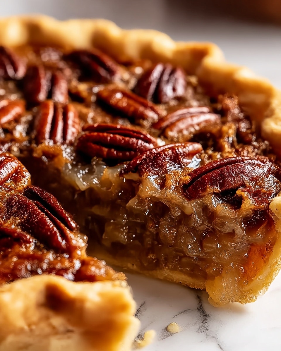 The image shows a close-up of a pecan pie slice with a thick, translucent golden brown filling that looks sticky and slightly chunky. On top, there are many glossy, dark brown pecan halves scattered evenly. The pie crust is light golden and flaky, holding the filling and nuts together. The pie sits in a clear glass pie dish, and the background is softly blurred with a warm tone. photo taken with an iphone --ar 4:5 --v 7