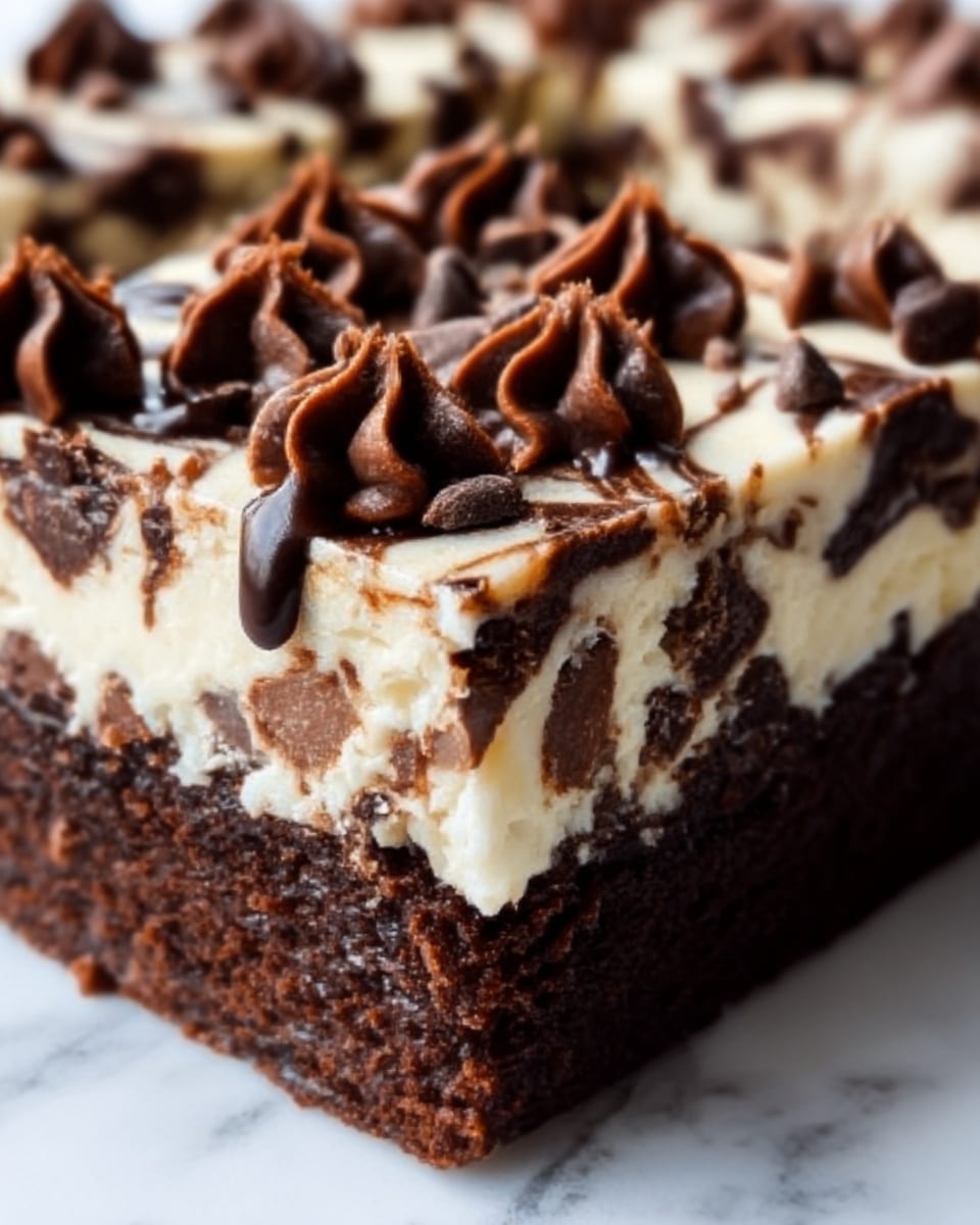 A close-up view of a square piece of dessert showing three detailed layers: the bottom thick layer is dark, moist chocolate cake; above it is a smooth, creamy white layer mixed with some crushed chocolate bits that add texture; on top, there is a rich layer of glossy dark chocolate chunks spread unevenly, giving a shiny, slightly melted look. The dessert sits on a white marbled surface. Photo taken with an iphone --ar 4:5 --v 7