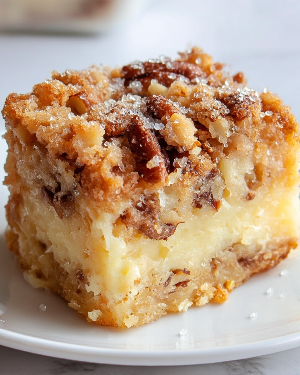 The dish shows a close-up of a single serving of a crumbly dessert on a white plate, placed on a white marbled surface. The dessert has three visible layers: the bottom layer is soft and light yellow, showing a moist texture with small pieces of pecans mixed in; the middle layer is gooey and creamy, with a slightly shiny light yellow color; the top layer is a golden-brown crumb topping with coarse sugar crystals and crunchy pecan pieces scattered throughout, giving it a rough texture. The overall look is rich and sticky with bits of nuts giving texture contrast. Photo taken with an iphone --ar 4:5 --v 7