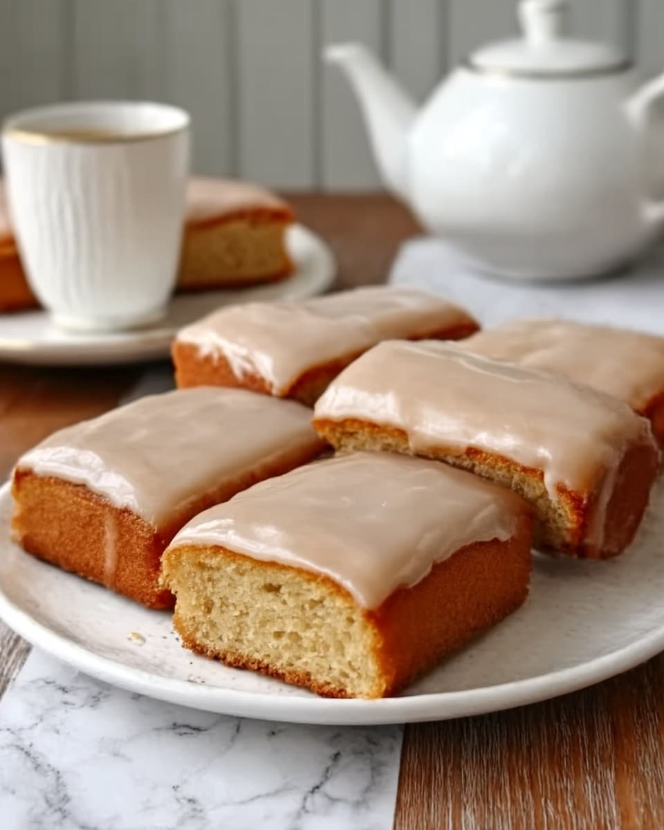 A white plate with a light gray floral pattern holds five rectangular glazed pastries. Each pastry has two layers: the bottom layer is golden-brown with a soft textured surface, and the top layer is a smooth, light brown icing covering the entire top. Behind the plate, there is a white teacup and teapot on a white marbled surface. In the background, some more pastries rest on a black wire rack. The setting is warm and cozy. Photo taken with an iphone --ar 4:5 --v 7