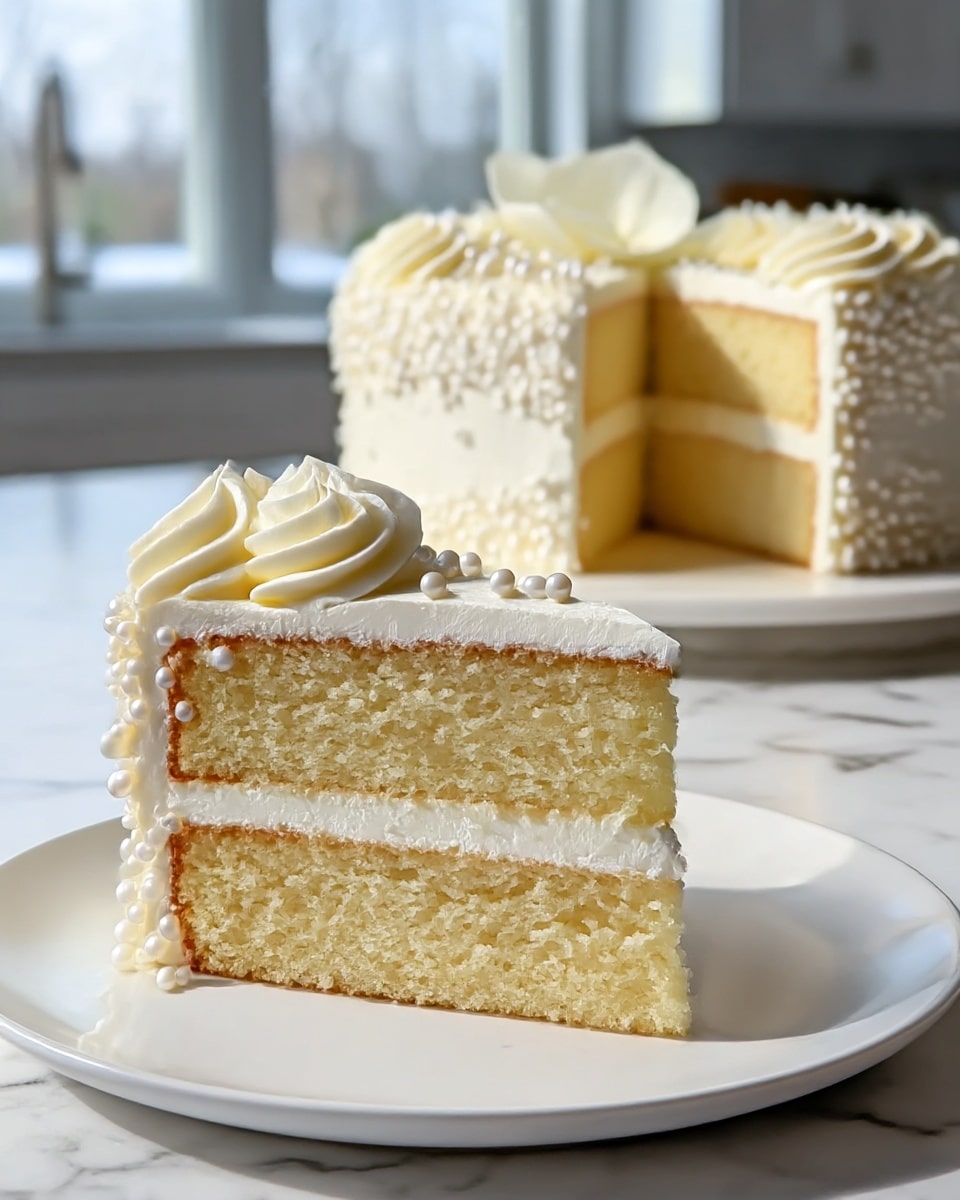 A two-layer white cake slice on a white plate with soft, light yellow sponge layers separated by a thin layer of white frosting. The entire outside of the cake slice is covered smoothly in white frosting with small round white sugar pearls scattered on top and around the edge. A whipped rosette with a white flower petal decoration sits on the top edge of the slice. In the background, the rest of the whole cake with matching decorations and a missing slice is placed on another white plate on a white marbled surface. Soft daylight shines from a window behind the cake, lighting the scene gently. Photo taken with an iphone --ar 4:5 --v 7