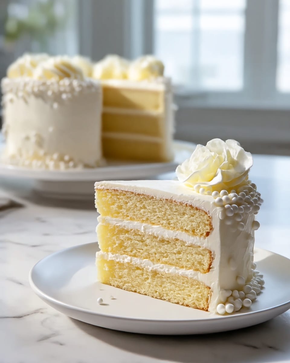 The image shows a slice of two-layer vanilla cake on a white plate with white cream filling between the layers, and the outside is covered with white whipped cream decorated with small white pearl-like sprinkles and a swirl topped with a white flower petal. Behind the slice, the rest of the cake, with the same white cream frosting and pearl decoration, is on another white plate, placed on a white marbled surface in front of a blurred kitchen window. Photo taken with an iphone --ar 4:5 --v 7