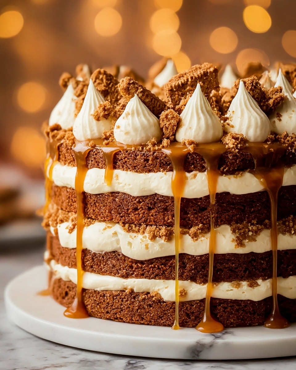 The image shows a three-layer cake with rich brown sponge layers and creamy off-white frosting between each layer. The middle layer of frosting is thick and smooth with chunks of crushed cookie pieces embedded inside. The top layer has dollops of frosting piped evenly around the edge, each topped with cookie crumbs. A shiny golden caramel sauce drips slowly down the sides of the cake, creating a glossy contrast against the matte texture of the sponge. The cake sits on a white plate against a soft white marbled background, with warm blurry lights shining softly in the back. Photo taken with an iphone --ar 4:5 --v 7