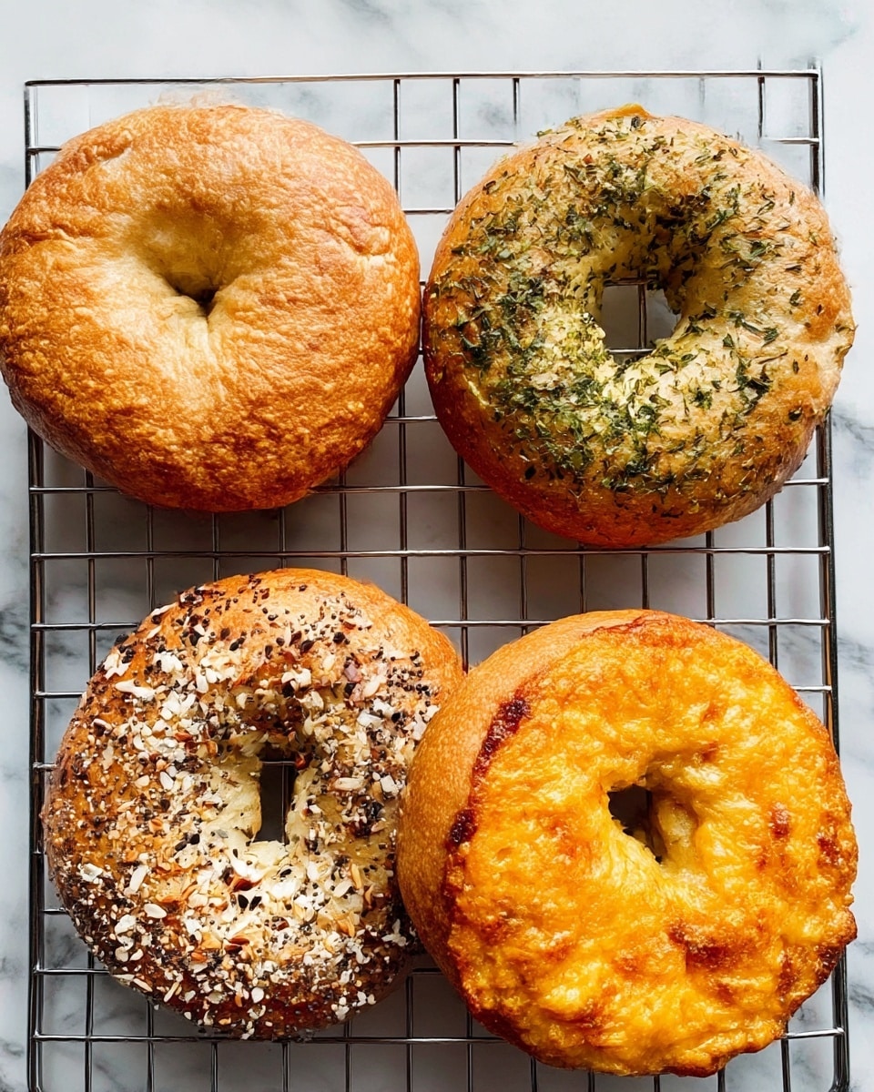 The image shows four bagels placed on a metal cooling rack above a white marbled surface. The top left bagel is plain with a golden-brown crust and a rough texture. The top right bagel is covered with green herbs and has a slightly shiny, crispy surface. The bottom left bagel is an everything bagel, topped with a mix of white and black sesame seeds, garlic flakes, and coarse salt, with a toasted golden color. The bottom right bagel is a cheese bagel with melted yellow cheese baked on top, giving it a bubbly, textured look. All bagels are thick with a distinct hole in the center. photo taken with an iphone --ar 4:5 --v 7