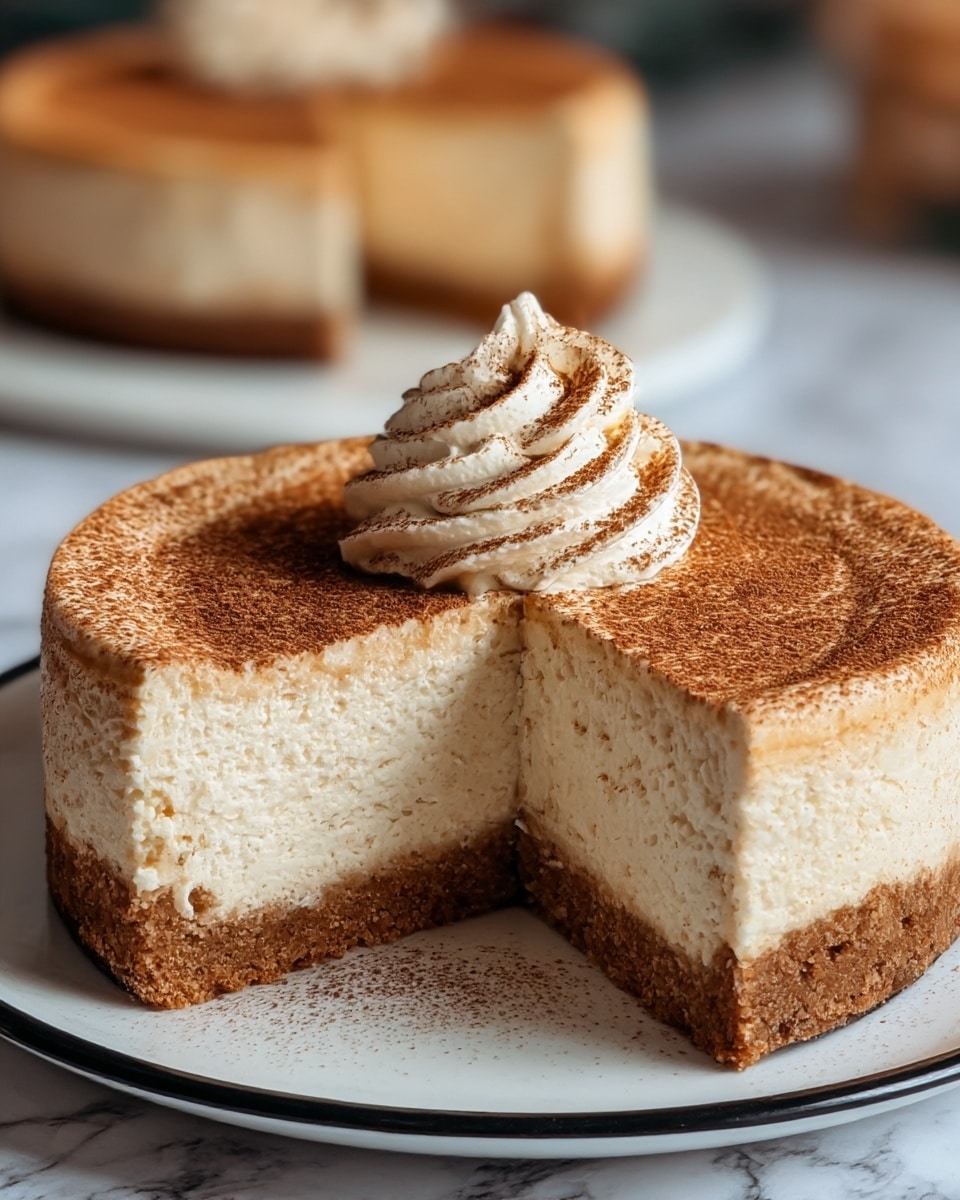 This image shows a round cheesecake with three visible layers on a white plate with a black rim. The bottom layer is a thick, crumbly brown crust. Above that is a thick layer of creamy, light beige cheesecake filling with a smooth texture. The top layer is a dusting of a fine brown powder, likely cinnamon or cocoa, giving a slightly rough texture. On top of the cheesecake, there is a swirl of whipped cream that is also light beige, matching the cheesecake, and lightly dusted with the same brown powder. A slice has been cut out, showing the smooth and even layers inside. The background includes a blurred second cheesecake and a white marbled surface. Photo taken with an iphone --ar 4:5 --v 7