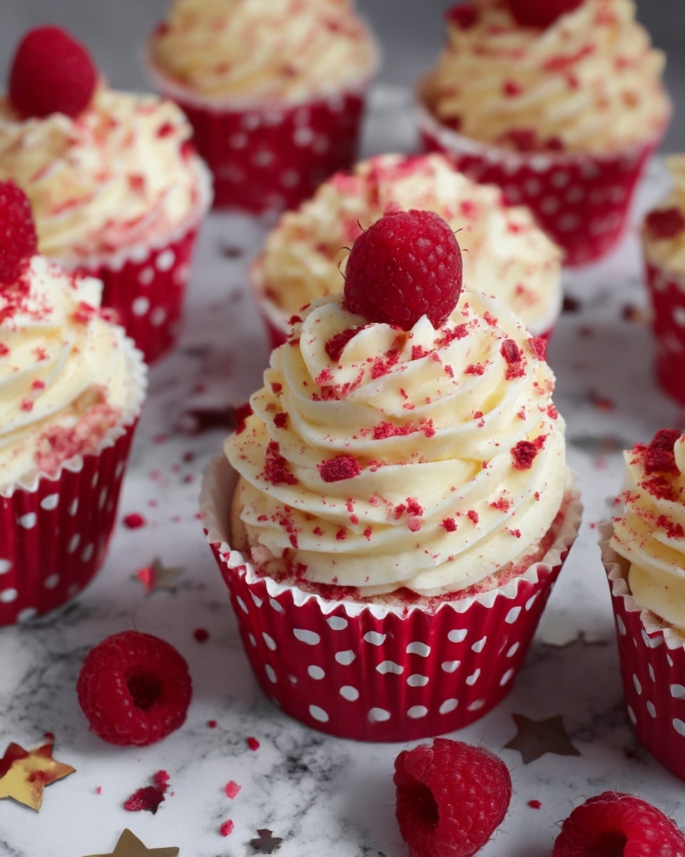 The image shows several cupcakes in red paper cups with white polka dots, each topped with two thick swirls of creamy white frosting. The frosting is sprinkled lightly with fine red crumbs and small pieces of dried red fruit, giving a textured look. At the center of each frosting swirl is a whole fresh raspberry, bright red and slightly shiny. The cupcakes are placed on a white marbled surface with scattered star shapes and extra raspberries around. photo taken with an iphone --ar 4:5 --v 7