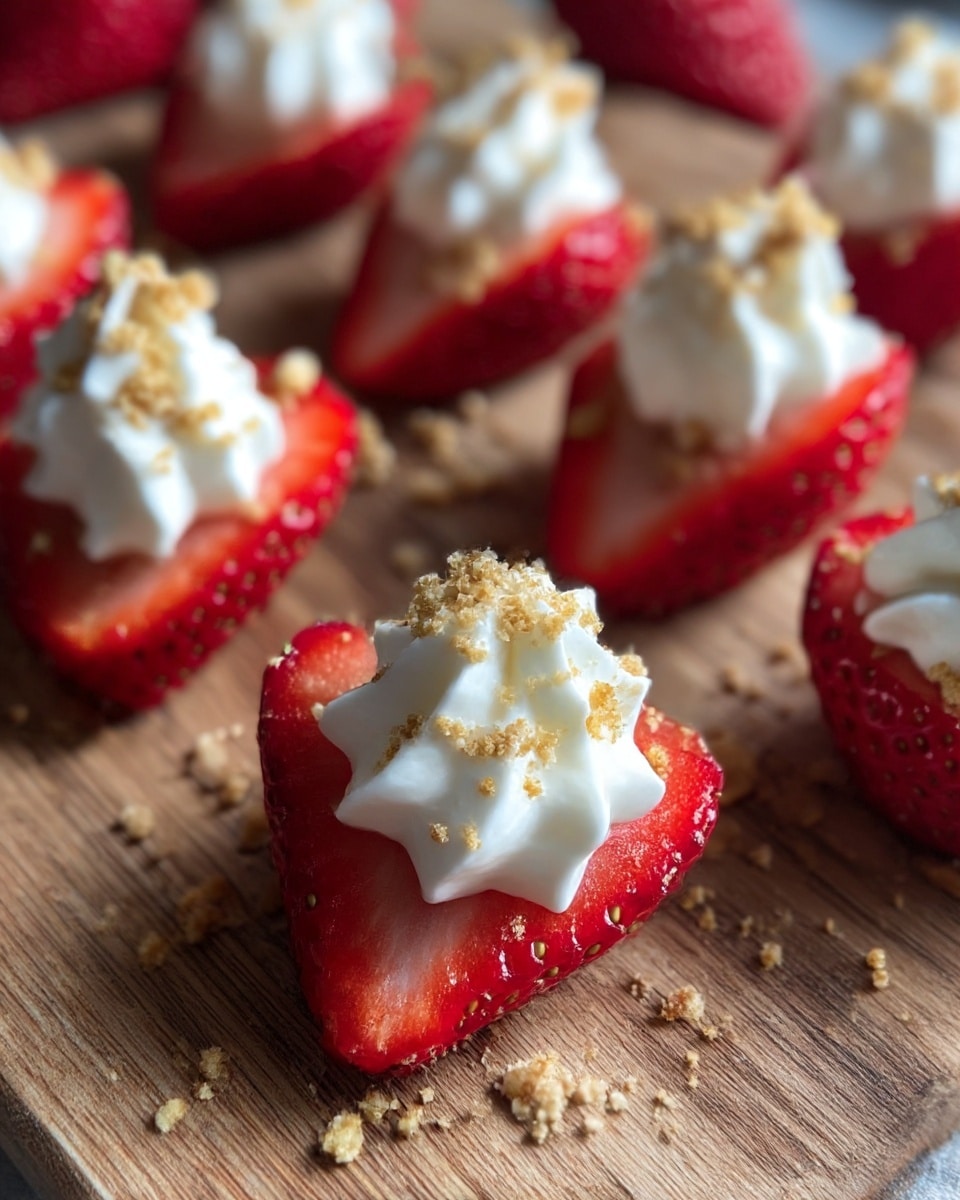 The image shows several strawberry halves arranged on a wooden board, each topped with a swirl of white creamy whipped topping and sprinkled with fine golden crumbs. Each strawberry is cut to reveal its bright red and juicy interior with small seeds on the outside. The whipped topping is placed at the thick end of the strawberry, sitting high and textured with soft peaks. The crumbs are scattered lightly on top of the cream and around the strawberries on the board. The surface underneath is changed to a white marbled texture. photo taken with an iphone --ar 4:5 --v 7