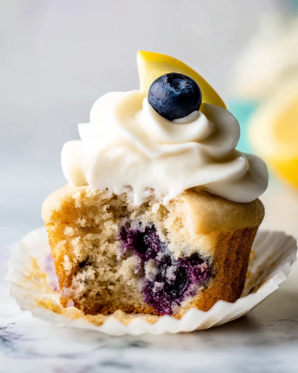 A single blueberry muffin with a bite taken out of the front shows its light, moist crumb with visible whole blueberries inside. On top, there are three thick, swirled dollops of smooth white frosting, slightly shiny and creamy in texture. The frosting is decorated with a fresh deep blue blueberry and a small, thin yellow slice of lemon, both resting near the peak of the frosting. The muffin sits on an open white paper liner, placed on a white marbled surface with soft, natural light highlighting the moist texture of the muffin and the details of the frosting. photo taken with an iphone --ar 4:5 --v 7