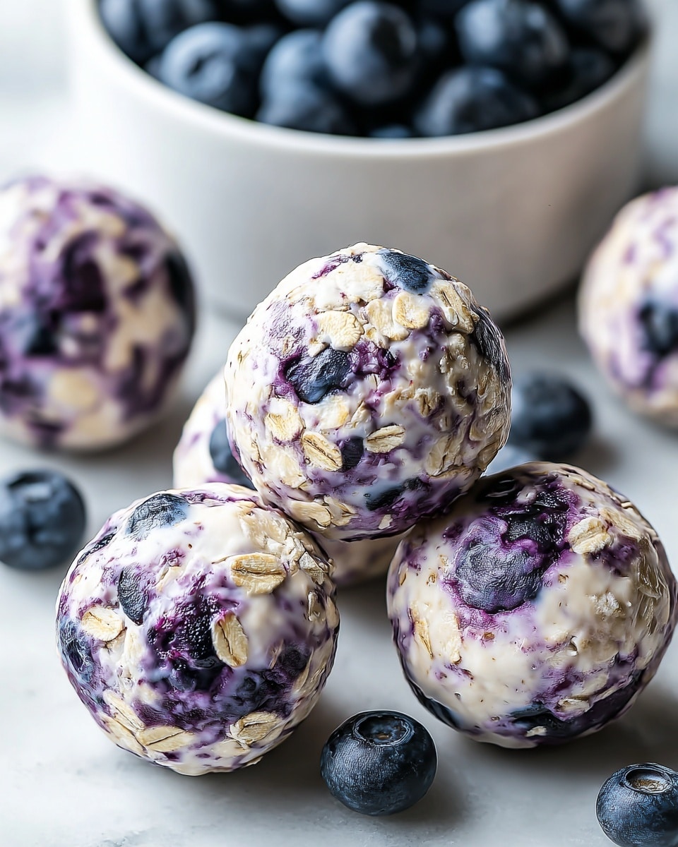 The image shows round blueberry oat balls with a creamy texture mixed with visible oats and whole blueberries inside. Each ball is light purple and white with specks of oats and darker blueberry spots, giving a soft and slightly glossy look. The balls are placed closely on a white marbled surface, with some loose blueberries nearby and a white bowl full of blueberries in the background. The focus is on the front balls, showing their detailed texture and color blending. photo taken with an iphone --ar 4:5 --v 7
