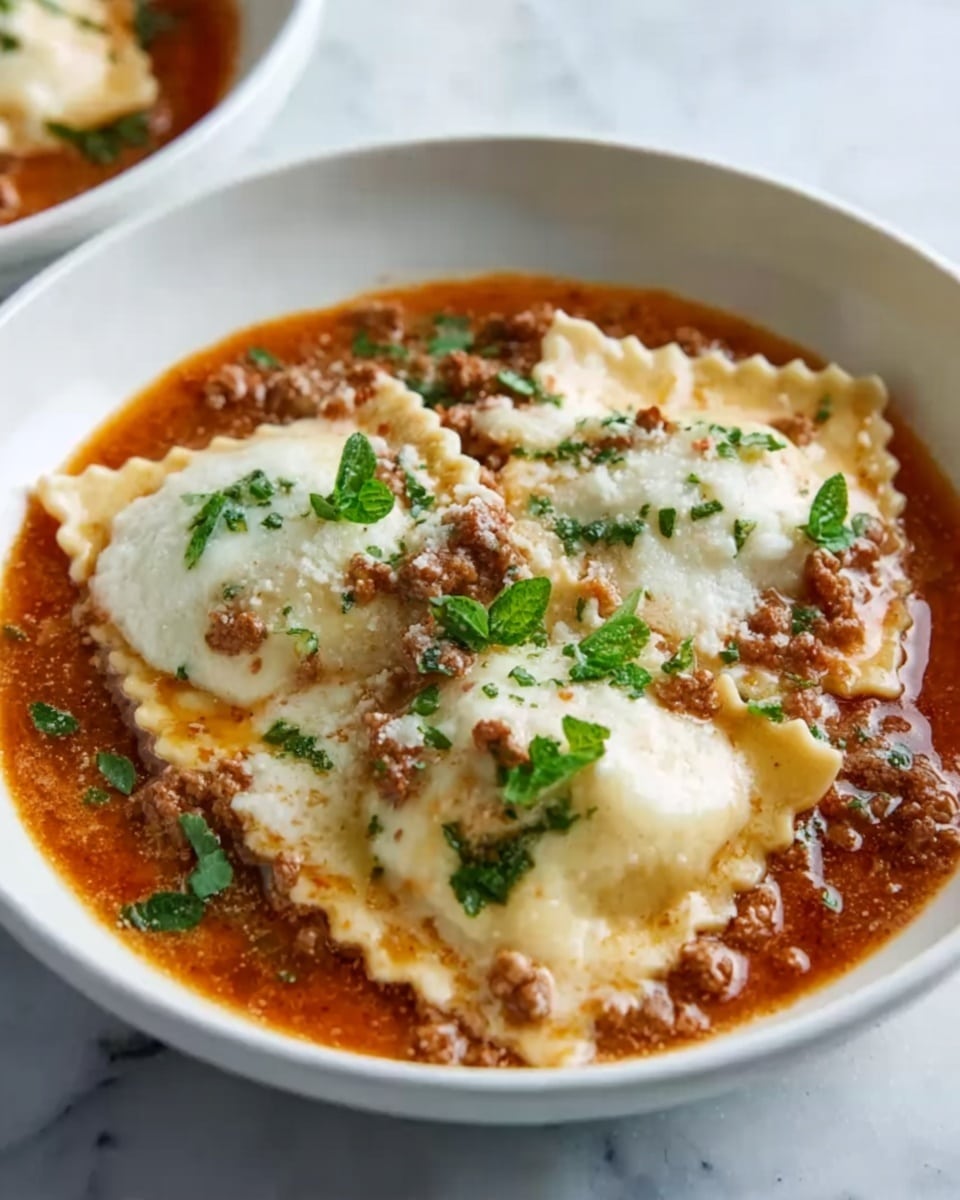 In a white bowl on a white marbled surface, there are two large ravioli pieces with a textured, slightly ruffled edge and pale dough, covered generously with melted white cheese that looks creamy and stringy. The ravioli sit in a thick reddish-brown sauce with visible small bits of meat and green herbs sprinkled lightly over the cheese. The dish has a rich, warm appearance with a few finely chopped herbs on top for color contrast. Photo taken with an iphone --ar 4:5 --v 7