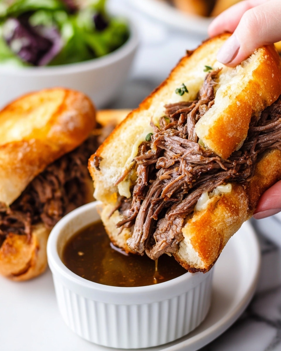 A close-up image of a sandwich held by a woman's hand, showing soft, golden brown toasted bread split open to reveal a thick layer of shredded, juicy, slow-cooked dark brown beef inside. The sandwich is half-dipped into a small white round dish filled with a rich, dark brown broth or sauce. In the background, there is another similar sandwich resting on a white plate, and a white bowl of fresh green and purple salad leaves on a white marbled surface. The textures highlight the softness of the bread and the tender, fibrous meat inside. Photo taken with an iphone --ar 4:5 --v 7