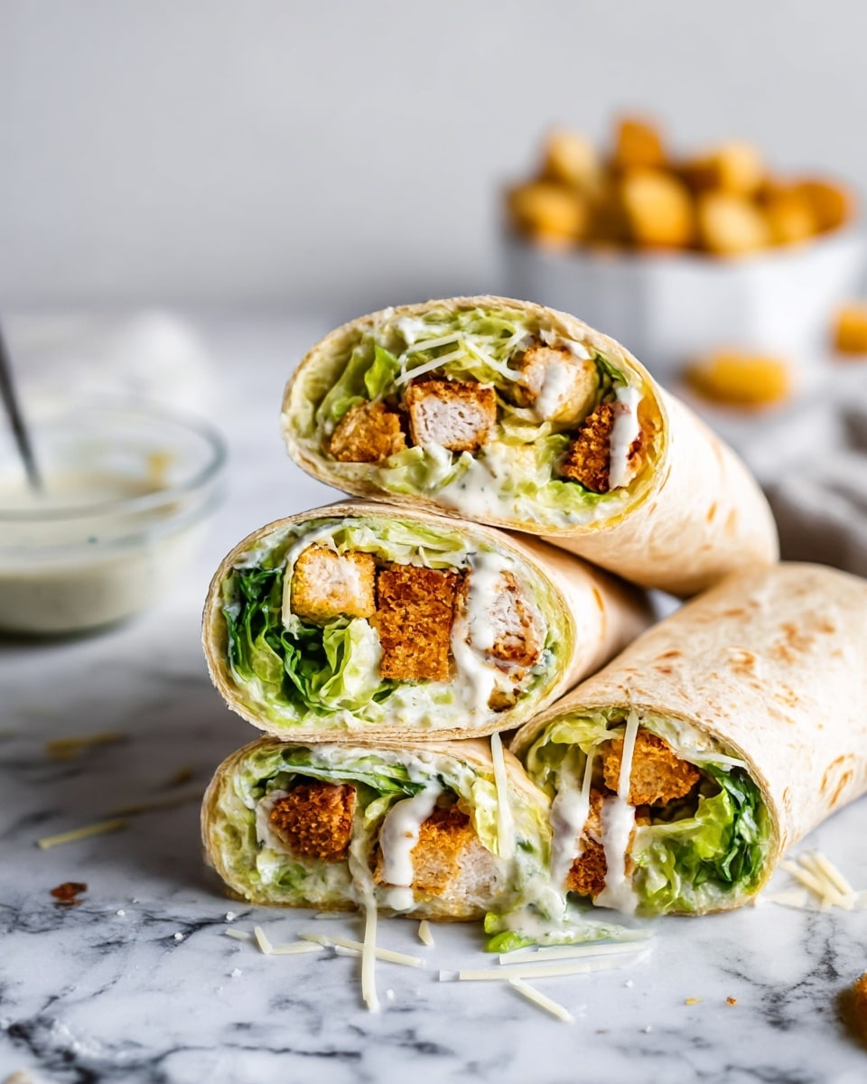 The image shows three wrap halves stacked in a pyramid on crumpled white parchment paper, placed on a white marbled surface. Each wrap has a soft, light beige tortilla exterior. Inside, there are three clear layers: a layer of green lettuce with a leafy texture, chunks of golden-brown crispy chicken with a rough texture, and a creamy white sauce drizzled over the filling. Finely shredded white cheese is sprinkled inside the wrap, adding a delicate texture. In the blurred background, there is a small clear glass bowl of creamy sauce and a few small golden croutons scattered nearby. Photo taken with an iphone --ar 4:5 --v 7