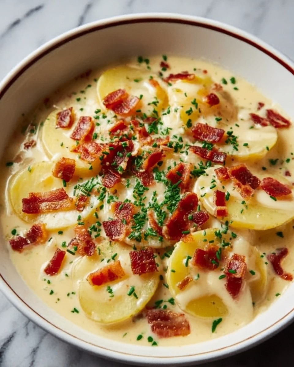 The dish is served in a white bowl filled with several thick slices of soft yellow potatoes layered evenly across the bottom. The potatoes are covered with a creamy, light beige cheese sauce that has a smooth texture. Scattered on top are small pieces of crispy, reddish-brown bacon bits, adding a crunchy look. Finely chopped green herbs are sprinkled over everything, adding a fresh touch of color. The bowl rests on a white marbled surface. photo taken with an iphone --ar 4:5 --v 7