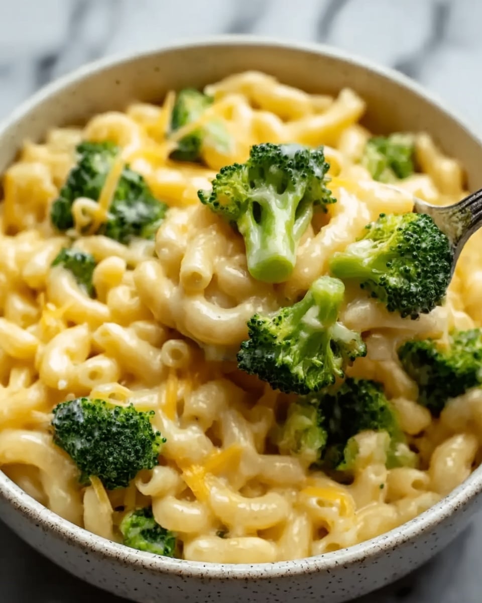 The dish shows creamy macaroni and cheese with bright green broccoli florets mixed throughout. The macaroni noodles are coated in rich, smooth, yellow cheese sauce, and the broccoli adds fresh green color and texture. The food is close up, filling the frame, with some cheese sauce glistening on the edges. The background is a white marbled texture. photo taken with an iphone --ar 4:5 --v 7