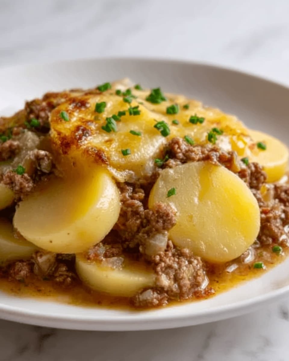 The image shows a close-up of a dish with three main layers. The bottom layer is either mashed potatoes or cooked potato slices, which are light yellow and smooth. On top of that is a layer of cooked ground beef, brown and chunky in texture, spread unevenly across the potatoes. The top layer is melted yellow cheese, gooey and shiny, covering parts of the meat and potatoes. Small green chopped herbs are sprinkled over the cheese, adding a touch of color. The dish is shown on a white plate with a white marbled texture background. Photo taken with an iphone --ar 4:5 --v 7