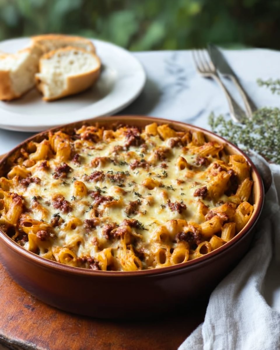 The image shows a round white bowl filled with baked pasta topped with melted golden cheese and small browned meat pieces scattered across the top layer. The pasta beneath is creamy and light yellow with visible pasta shapes, and the cheese layer appears bubbly and slightly crispy at the edges. The bowl is placed on a white marbled surface with a folded white cloth and a fork to the side. In the background, a white oval plate contains a single bread roll, and there are blurred greenery and a white small container nearby. A woman's hand is near the bowl. Photo taken with an iphone --ar 4:5 --v 7