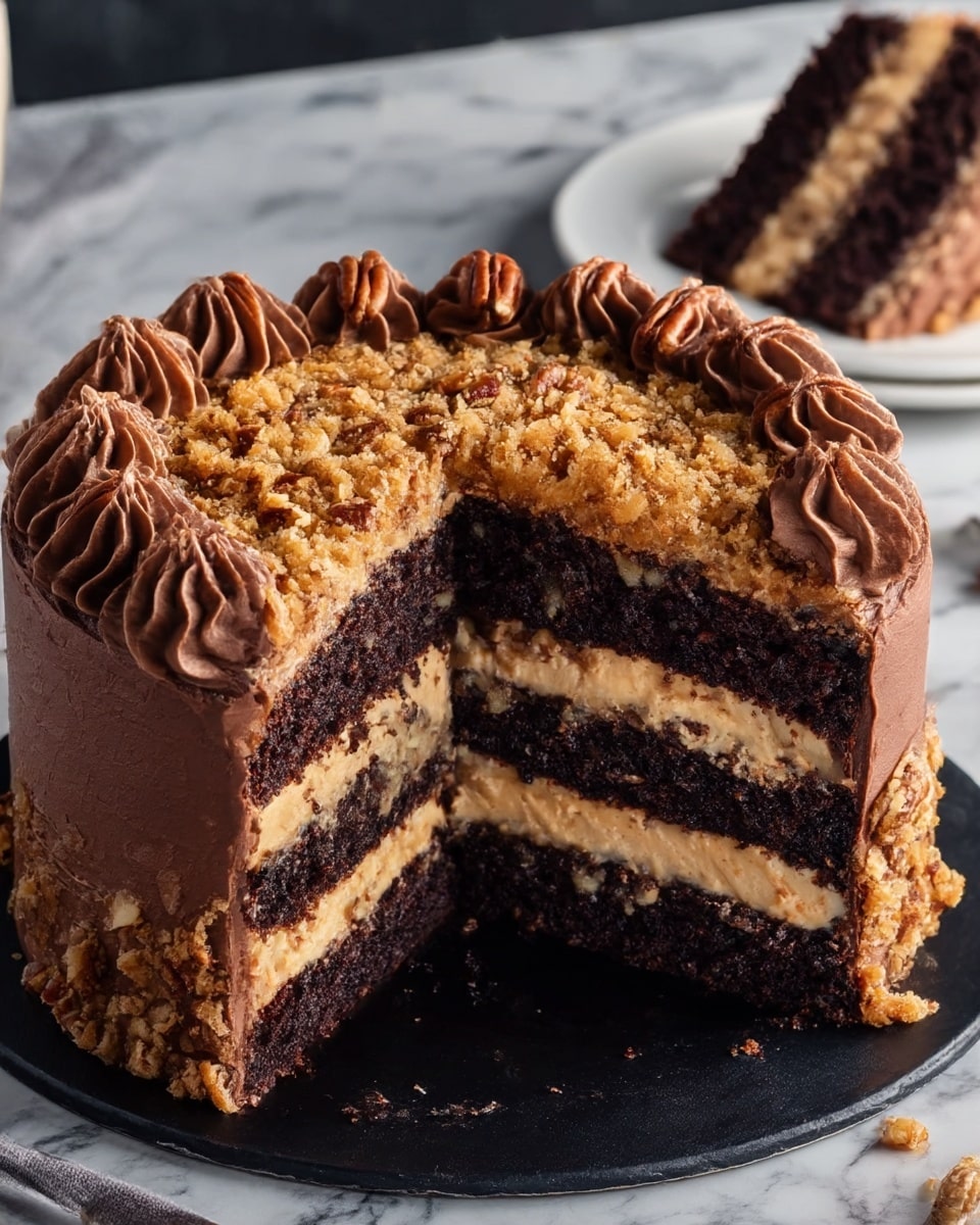 The image shows a round chocolate cake with four visible layers. The cake layers are dark brown and moist, separated by three thick layers of light brown creamy filling with crunchy bits inside. The outside of the cake is covered with smooth chocolate frosting, with piped swirls of frosting decorated with whole pecans on top along the edge. The top surface of the cake has a thick layer of golden-brown crumbled topping with pecans spread evenly. A slice has been cut out from the cake, showing the inside layers clearly. The cake sits on a black round board, placed on a white marbled surface, and in the background, a white plate with the slice of cake is partially visible. Photo taken with an iphone --ar 4:5 --v 7
