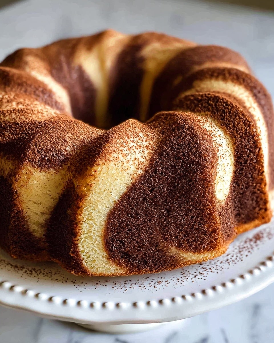 The image shows a bundt cake with two visible swirled layers, one dark brown chocolate layer and one light beige vanilla layer, alternating in a wave pattern around the circular cake. The cake is placed on a white plate with a raised edge and decorative details. The surface of the cake appears moist and fluffy with a slightly glossy texture, and a light dusting of cocoa powder is spread evenly on top, highlighting the curves and ridges of the bundt shape. The background is a white marbled texture. photo taken with an iphone --ar 4:5 --v 7