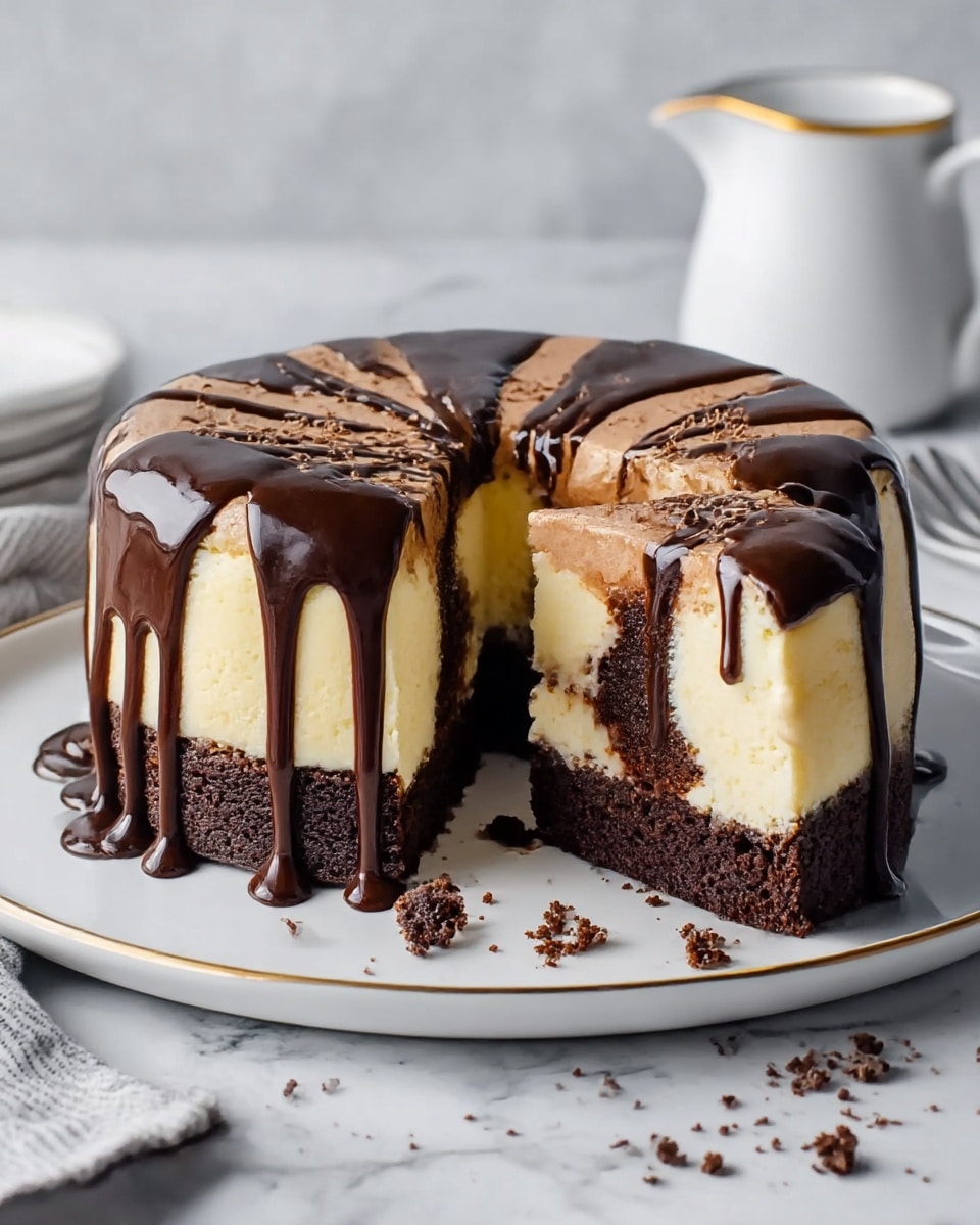 The image shows a round dessert on a white plate with a thin gold rim, placed on a white marbled surface. The dessert has three main layers: a dark brown bottom layer with a dense, crumbly texture, a thick cream-colored middle layer, and a lighter brown top layer. Dark glossy chocolate sauce is drizzled over the top, flowing down the sides in smooth, shiny ribbons. A slice is cut out, revealing a cream-colored circular core inside the dark brown bottom layer. There are some cake crumbs scattered on the plate and surface. In the background, there is a white pitcher with a gold rim slightly blurred. Photo taken with an iphone --ar 4:5 --v 7