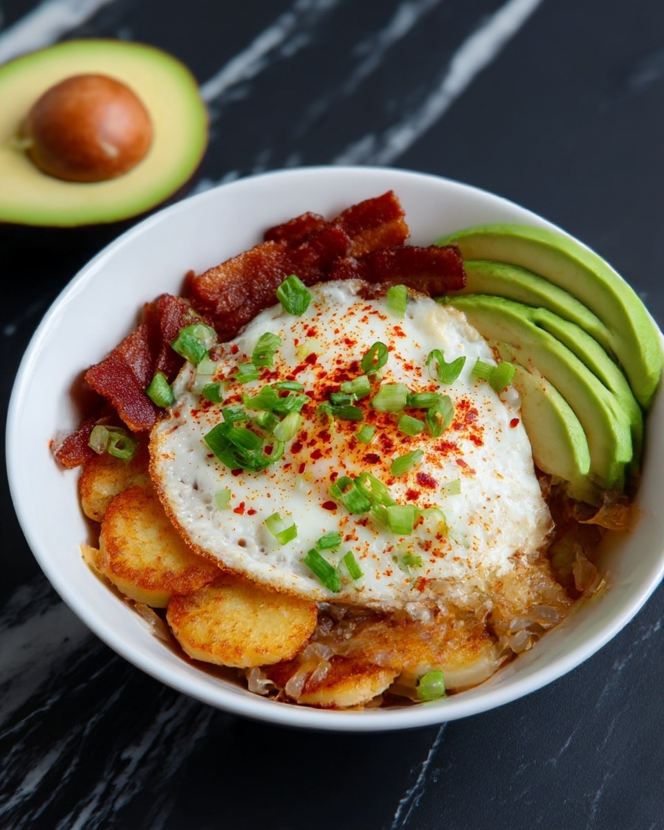 A white bowl holds the dish with the bottom layer of golden-brown round potato patties, topped with crispy reddish-brown bacon strips mixed with sautéed light brown onions. On top of this is a single fried egg with crispy browned edges and a slightly runny white center sprinkled with red chili flakes. Bright green chopped scallions are scattered over the egg. On opposite sides of the bowl, there are thick slices of smooth, light green avocado. In the background, there is a halved avocado with a brown seed. The bowl sits on a dark surface with a white marbled texture. photo taken with an iphone --ar 4:5 --v 7