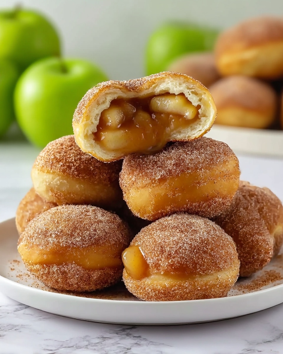 A close-up image of a small apple pastry with two main layers: the outer layer is a golden brown, flaky crust covered in sugar and cinnamon crystals, and the inner layer shows tender apple pieces coated in a thick, glossy caramel sauce that is slightly oozing out. The pastry rests on a white marbled surface with some scattered cinnamon sugar nearby. In the soft background, a green apple and another similar pastry are visible but out of focus. photo taken with an iphone --ar 4:5 --v 7