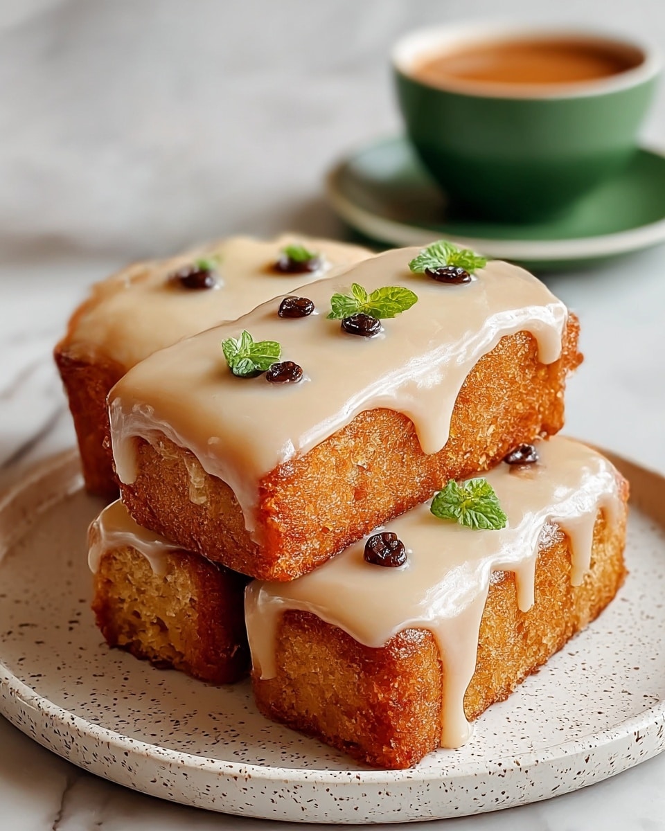 Three golden-brown rectangular pastries are stacked on a white speckled plate on a white marbled surface. Each pastry is covered with a thick, creamy white glaze that drips over the edges. On top of the glaze, small round brown nuts and tiny green leaves are placed for decoration. In the background, there is a white cup filled with a light brown beverage on a light turquoise saucer, slightly out of focus. Photo taken with an iphone --ar 4:5 --v 7