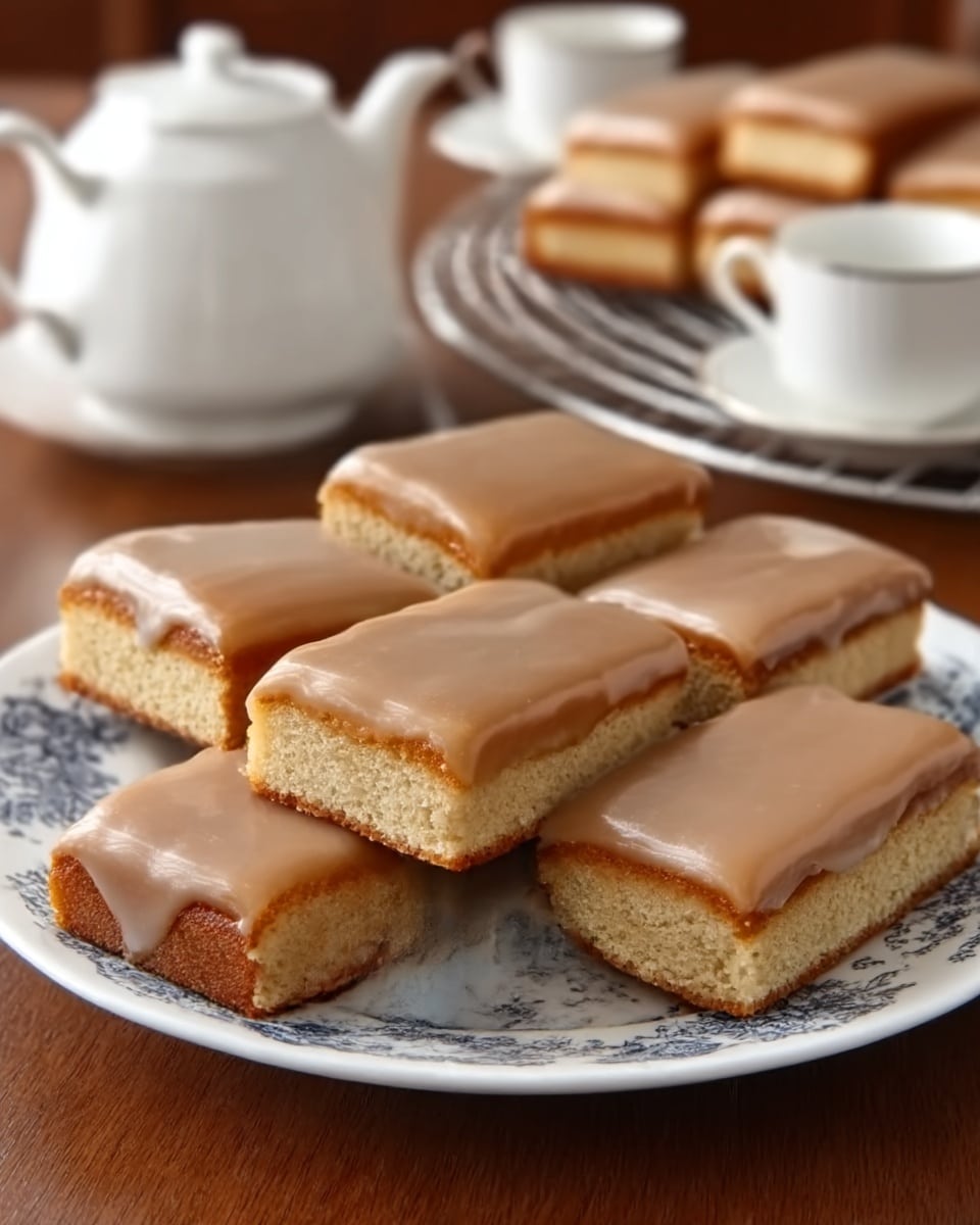 A white plate with intricate dark patterns holds six rectangular glazed brown cake bars, each with a smooth, light beige icing layer on top. The cake bars are thick and soft-looking, with the icing evenly covering the surface, slightly shiny. In the background, there is a white marbled texture surface with more cake bars on a black wire rack, a white cup filled with a warm drink, and part of a white teapot visible. The overall scene shows a cozy setting with warm brown and cream tones. Photo taken with an iphone --ar 4:5 --v 7