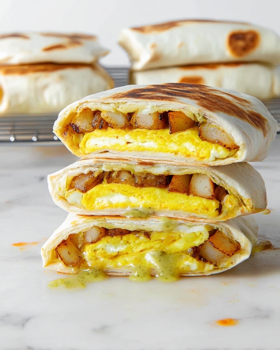A stack of four breakfast burrito halves is placed on a white marbled surface, showing the inside layers clearly. Each burrito has a soft, light beige tortilla wrapping, folded and slightly toasted with brown spots. Inside, there are three main visible layers: the bottom layer is fluffy, folded yellow egg, the middle layer is made of golden-brown crispy potato cubes, and the top layer shows melted yellow cheese that oozes slightly out of the burrito. The burrito halves are stacked slightly unevenly, giving a view of the texture and filling inside. Behind the stack, there is a metal cooling rack holding whole burritos. Photo taken with an iphone --ar 4:5 --v 7