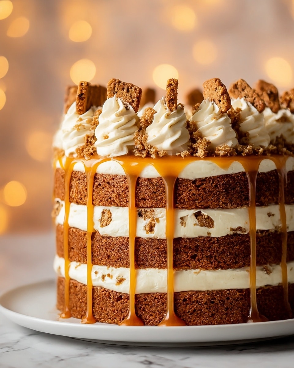 A close-up of a three-layer brown cake with thick light cream filling and crumbled brown cookie pieces between each layer. The cake is topped with dollops of the same cream and more cookie crumbs scattered on top. A rich caramel sauce drips slowly down the sides of the cake, adding a shiny golden contrast. The cake stands on a white marble surface with warm blurry lights in the background, giving a cozy feel. Photo taken with an iphone --ar 4:5 --v 7