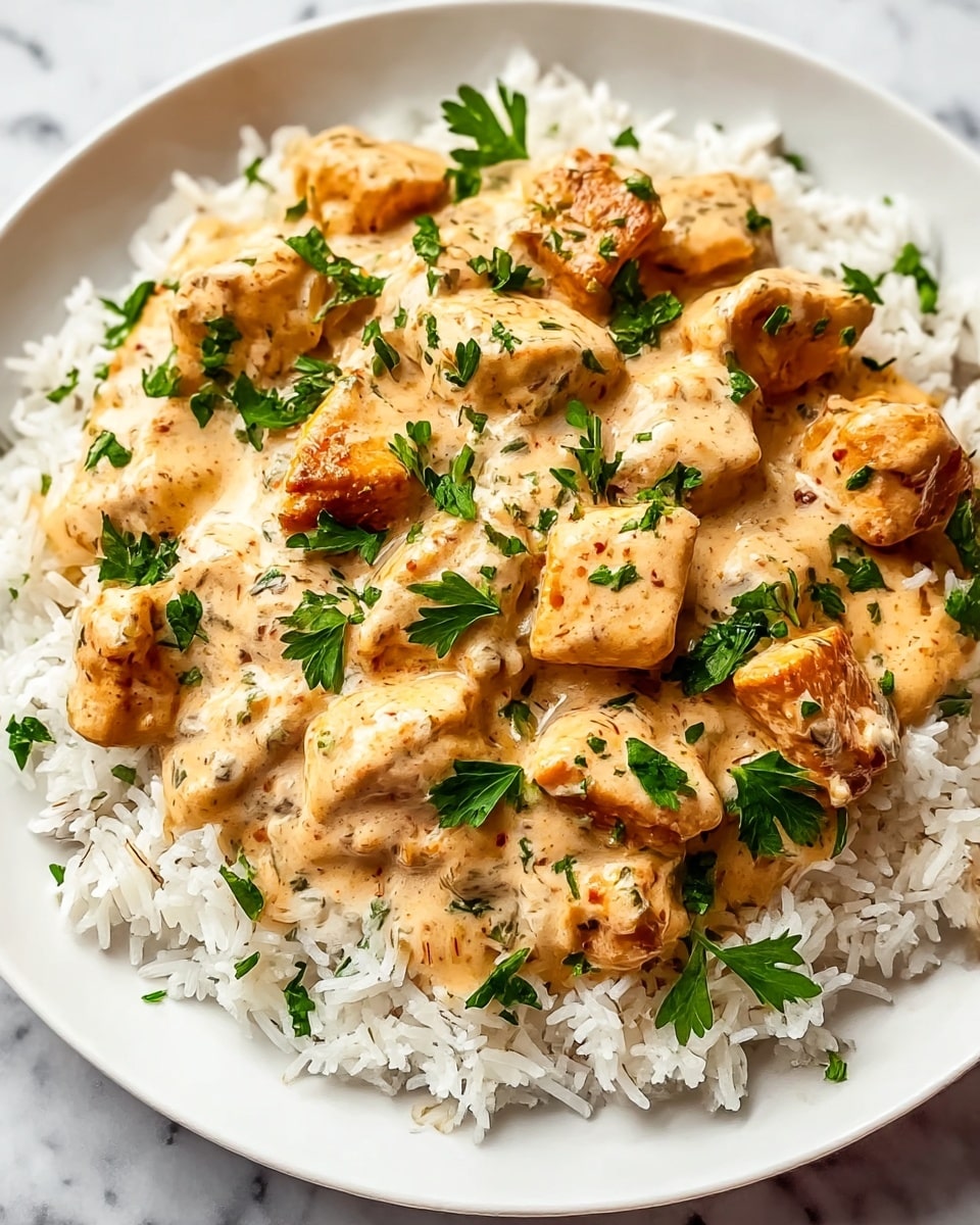 A close-up view of a white plate filled with a base layer of fluffy white rice. On top, there is a creamy, light orange sauce layered generously covering browned chunks of chicken with a slightly crispy texture. Small bright green parsley leaves are scattered on top, adding a fresh look and color contrast against the creamy sauce and white rice. The photo is taken on a white marbled surface. photo taken with an iphone --ar 4:5 --v 7