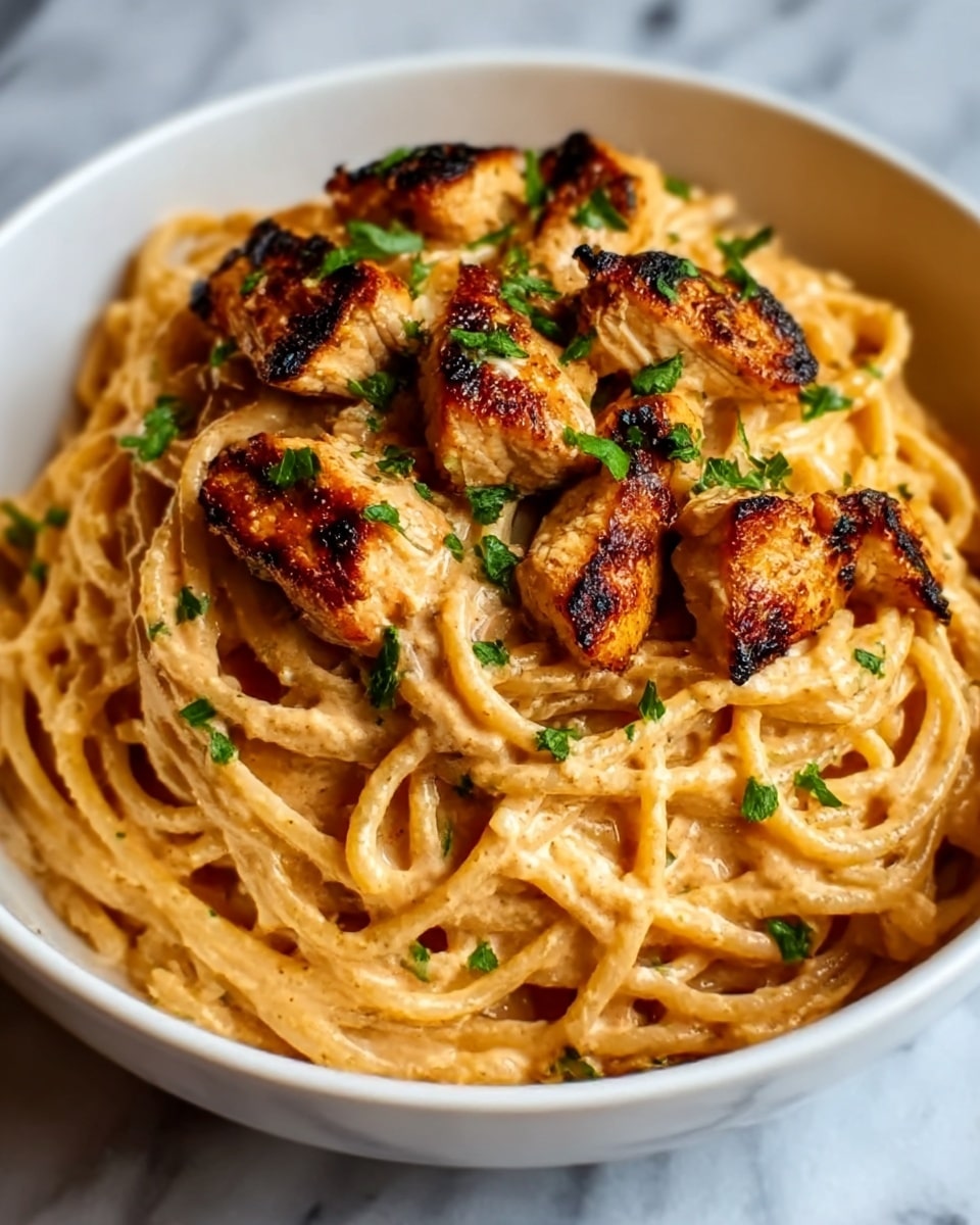 The image shows a white bowl filled with creamy pasta topped with several pieces of grilled chicken. The pasta is long and coated in a thick, light beige sauce with a smooth and slightly shiny texture. On top, the grilled chicken pieces are golden brown with some darker char marks, adding a rough texture contrast. Small green parsley leaves are sprinkled on the chicken and pasta, adding small pops of color. The bowl rests on a white marbled surface, giving a clean and elegant look. photo taken with an iphone --ar 4:5 --v 7