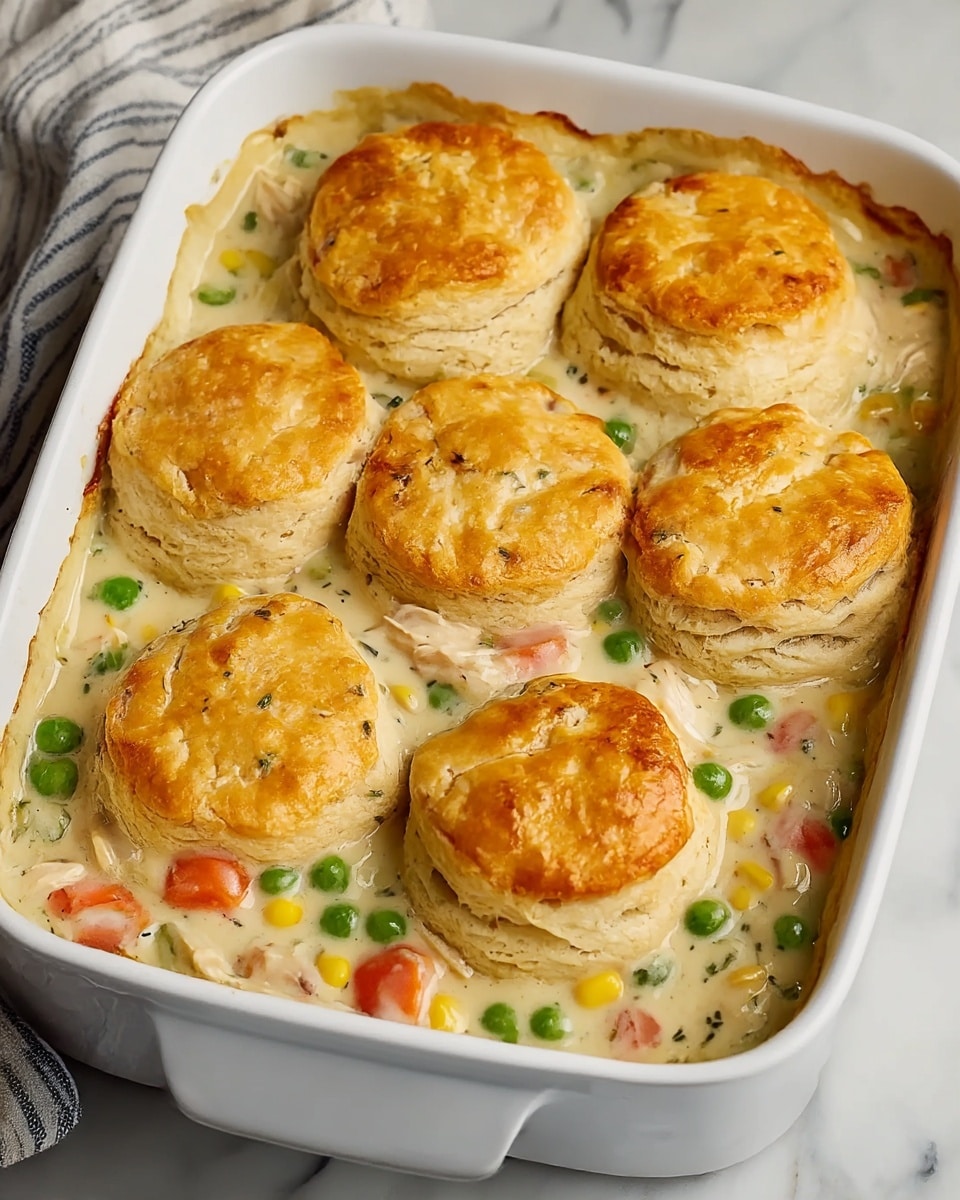 A white baking dish filled with six golden brown biscuits evenly spaced on top. The biscuits are thick with flaky layers visible on the sides. Underneath and around the biscuits, a creamy sauce with mixed vegetables including green peas, orange carrots, yellow corn, and chunks of white chicken fills the dish. The sauce has a smooth texture with herb specks scattered throughout. The dish sits on a white marbled surface with a striped cloth nearby. photo taken with an iphone --ar 4:5 --v 7