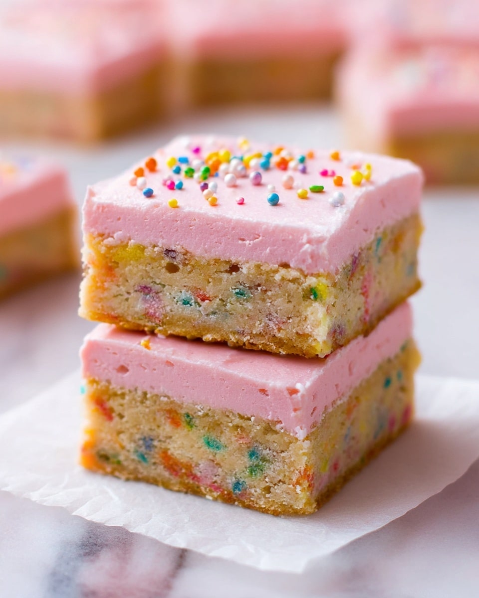 A close-up of two stacked dessert squares, each with two layers: a bottom layer of dense, tan cookie dough speckled with colorful sprinkles, textured with crumbs and bits of color; and a thick, smooth top layer of soft pink frosting adorned with small, multicolored round sprinkles, sitting on a piece of parchment paper over a white marbled surface. The edges of the squares are neat and sharp, showing the clear separation between the cookie and frosting layers. In the background, more of the same square desserts are softly blurred. Photo taken with an iphone --ar 4:5 --v 7